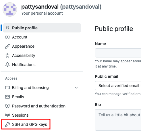 GitHub settings sidebar with SSH and GPG keys option
