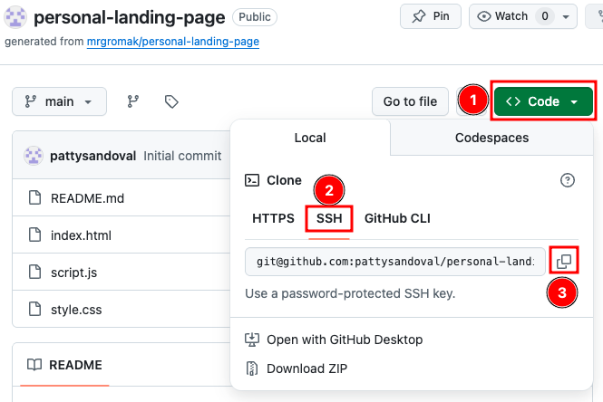 Repository page with Code button and SSH clone URL