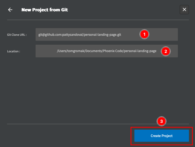 Phoenix Code clone dialog with URL and folder fields